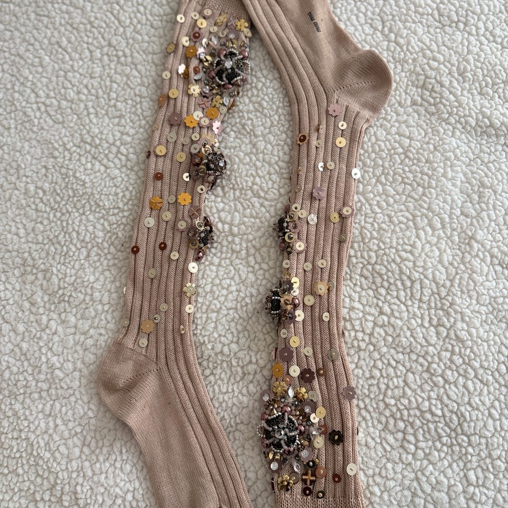 Miu Miu Sparkling Tan Knee-High Socks - Picture 7 of 11